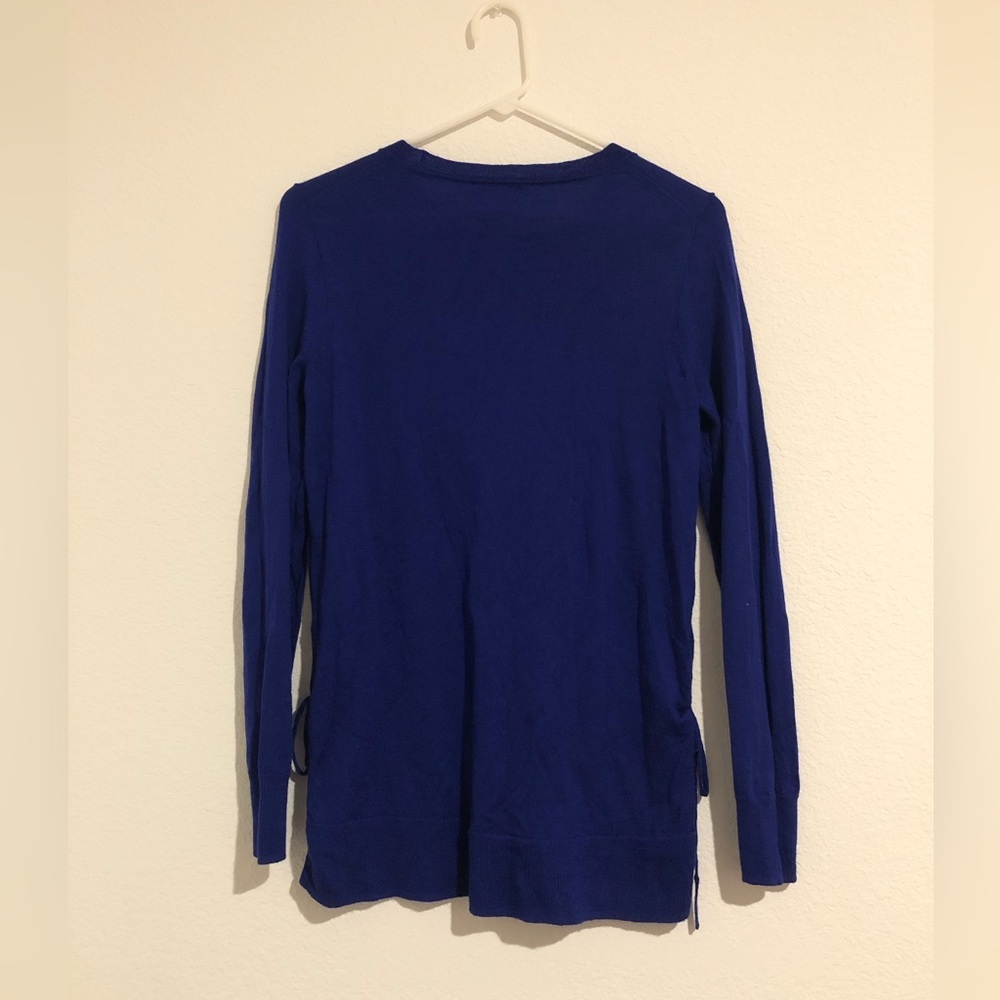 J. Crew Merino Wool Cobalt Blue Long Sleeve Crewneck Top with Side Ties Small - Picture 2 of 4